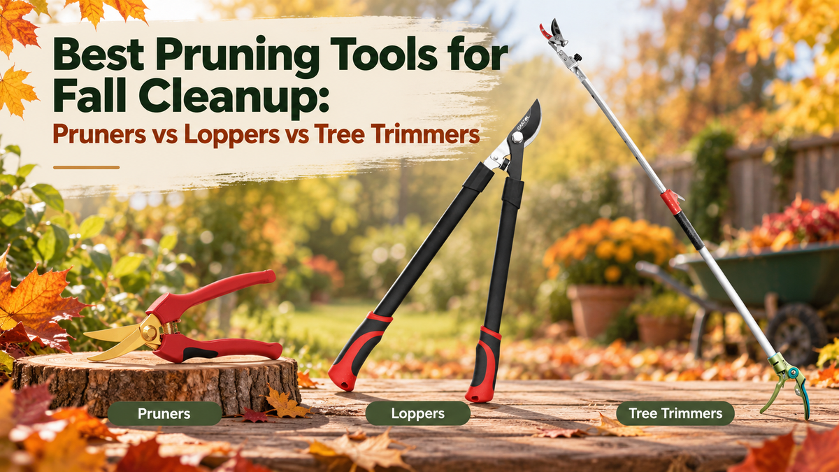 GARTOL pruning shears, bypass lopper, and extendable pole tree trimmer on a wooden surface with fall leaves