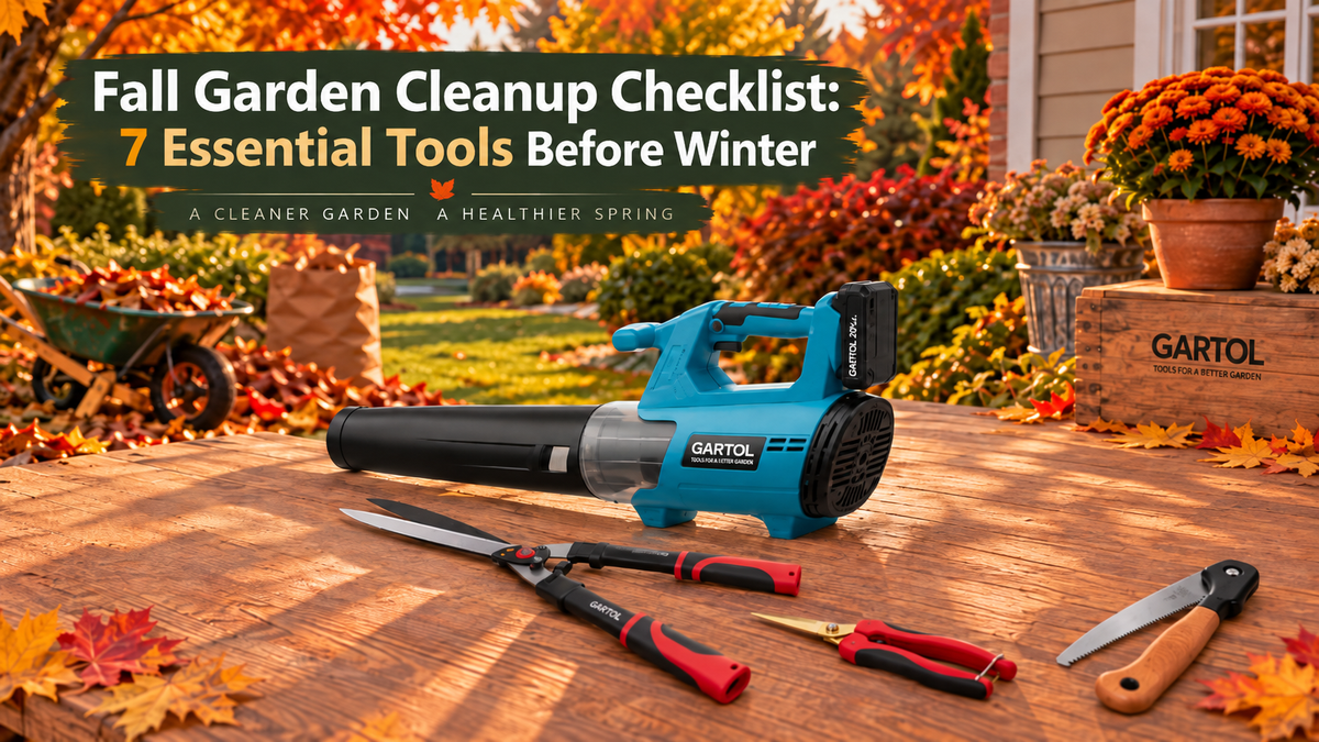 GARTOL leaf blower, pruning shears, bypass lopper, pole pruner, and folding saw arranged for fall garden cleanup.
