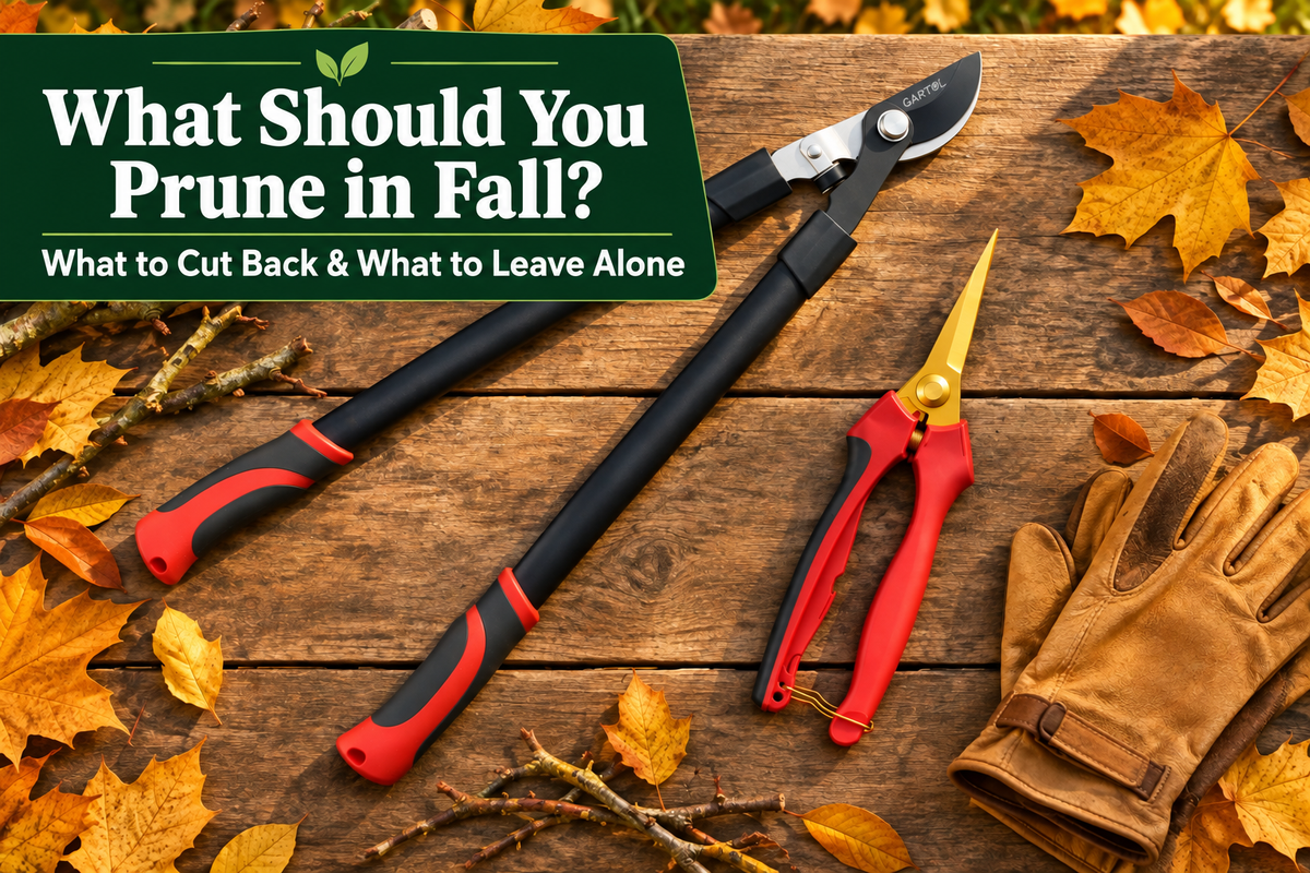 What Should You Prune in Fall? A guide featuring GARTOL 28-inch bypass lopper and HC191 titanium pruning shears on an autumn workbench