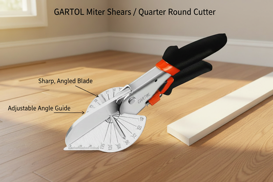 GARTOL Miter Shears quarter round cutter with labeled sharp angled blade and adjustable angle guide, placed on hardwood floor in home renovation setting