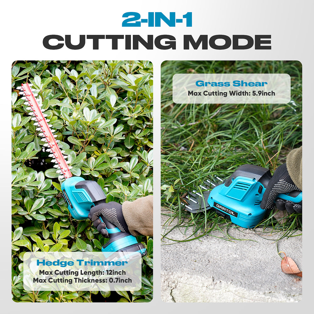 GARTOL Cordless Hedge Trimmer 2-in-1 - Electric Grass Shear & Bush Trimmer