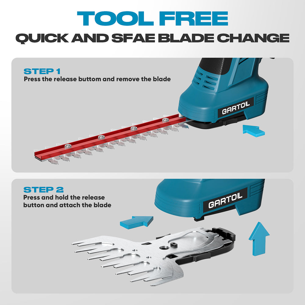 GARTOL Cordless Hedge Trimmer 2-in-1 - Electric Grass Shear & Bush Trimmer