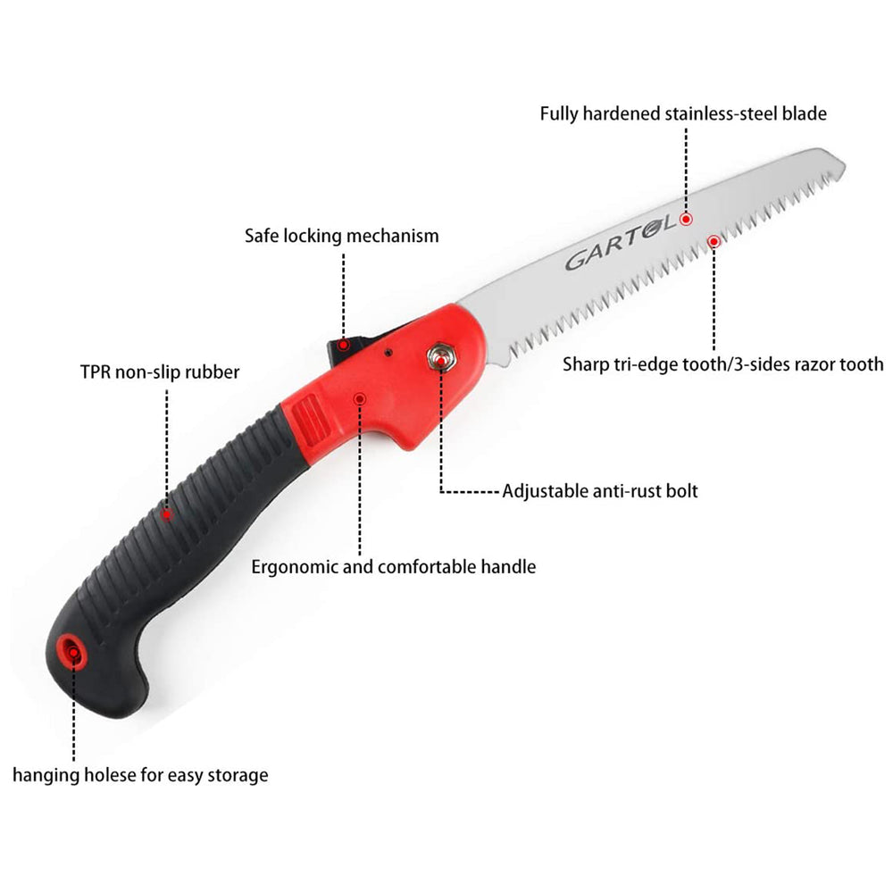 GARTOL 7.7" Folding Saw with Triple-Cut Razor Teeth Hand Saw（Red）
