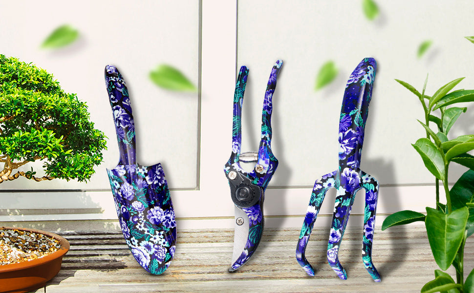 GARTOL 3-Piece Purple Floral Garden Tool Set – Aluminum Alloy Trowel, Cultivator & Pruner with Gift Box (K768)