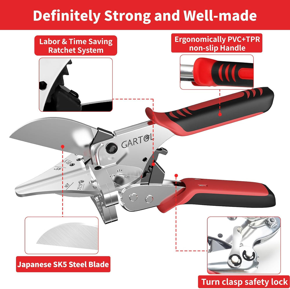 GARTOL Ratchet Miter Shears - 22.5°-135° Adjustable Angle Cutter with Spare SK5 Blade