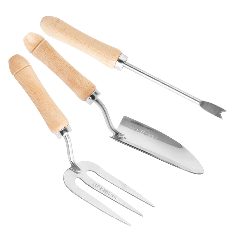 GARTOL 3-Piece Garden Hand Tool Set – Stainless Steel Weeder, Fork & Transplant Trowel with Ergonomic Wooden Handle
