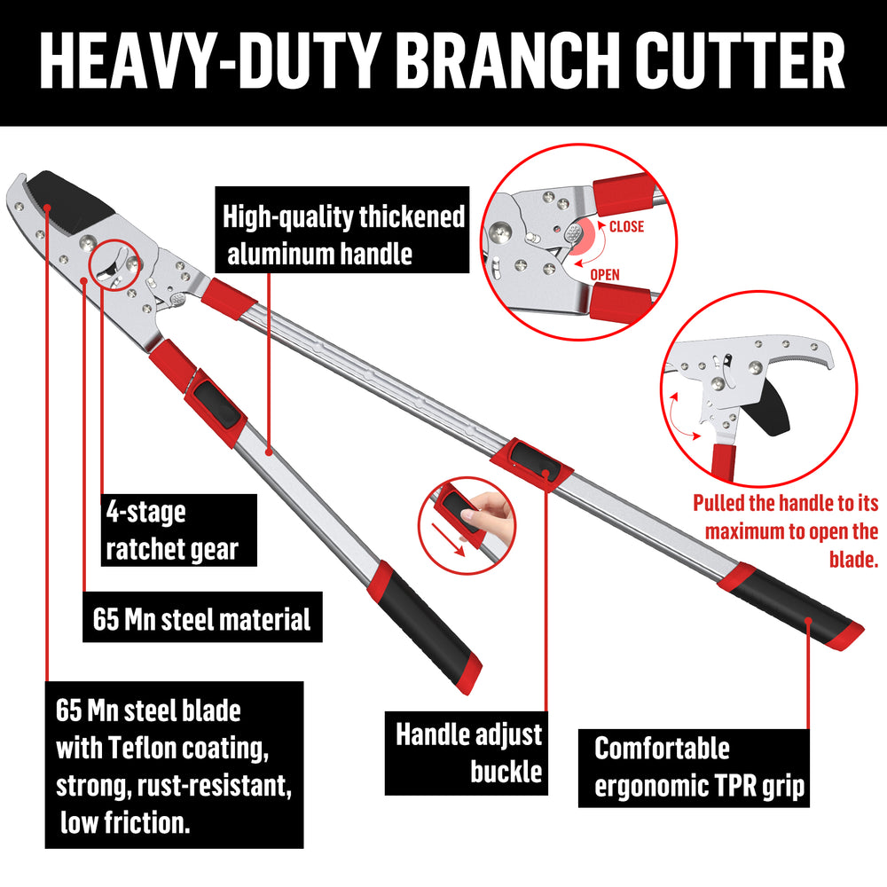 GARTOL telescopic anvil lopper features: ratchet gear, aluminum handle, 65Mn steel blade