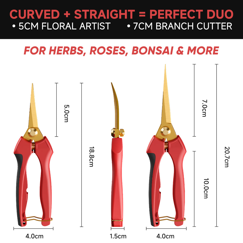 GARTOL 2-pack pruning shears dimensions diagram: straight and curved blades, sizes and uses