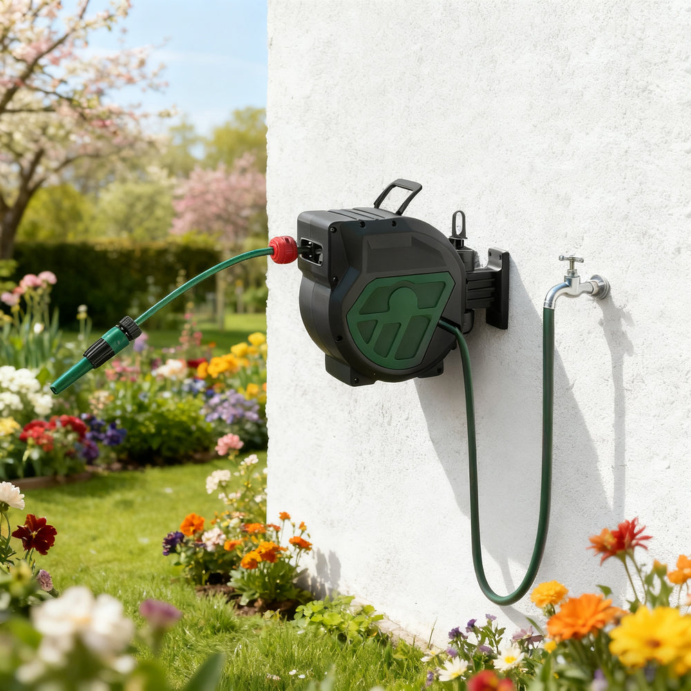 GARTOL 1/2" 15m Retractable Hose Reel – Anti-Freeze, UV-Resistant, 180° Swivel, 60PSI, Adjustable Spray Nozzle (SGC006C)