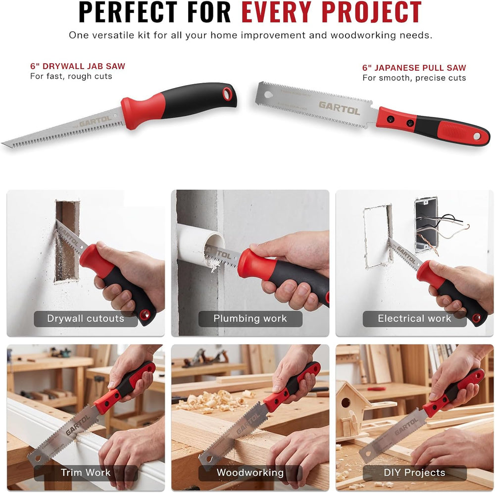 GARTOL 2-Piece 6-Inch Hand Saw Set - Drywall Jab Saw & Japanese Pull Saw with Flexible Double Edge (11/17 TPI) - Small Flush Cut Tool Kit for Sheetrock, Wood Trim, PVC & DIY Home Repair
