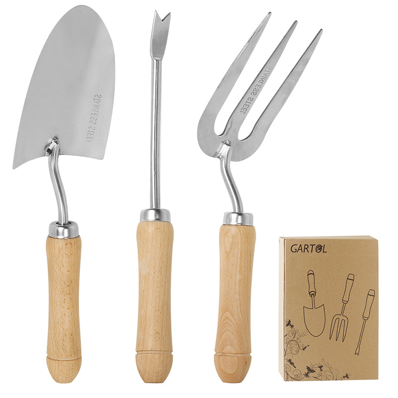 GARTOL 3-Piece Garden Hand Tool Set – Stainless Steel Weeder, Fork & Transplant Trowel with Ergonomic Wooden Handle
