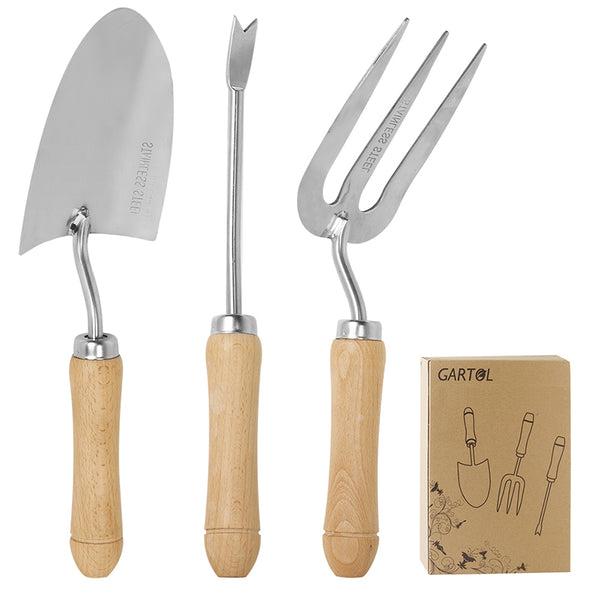GARTOL 3-Piece Garden Hand Tool Set – Stainless Steel Weeder, Fork & Transplant Trowel with Ergonomic Wooden Handle