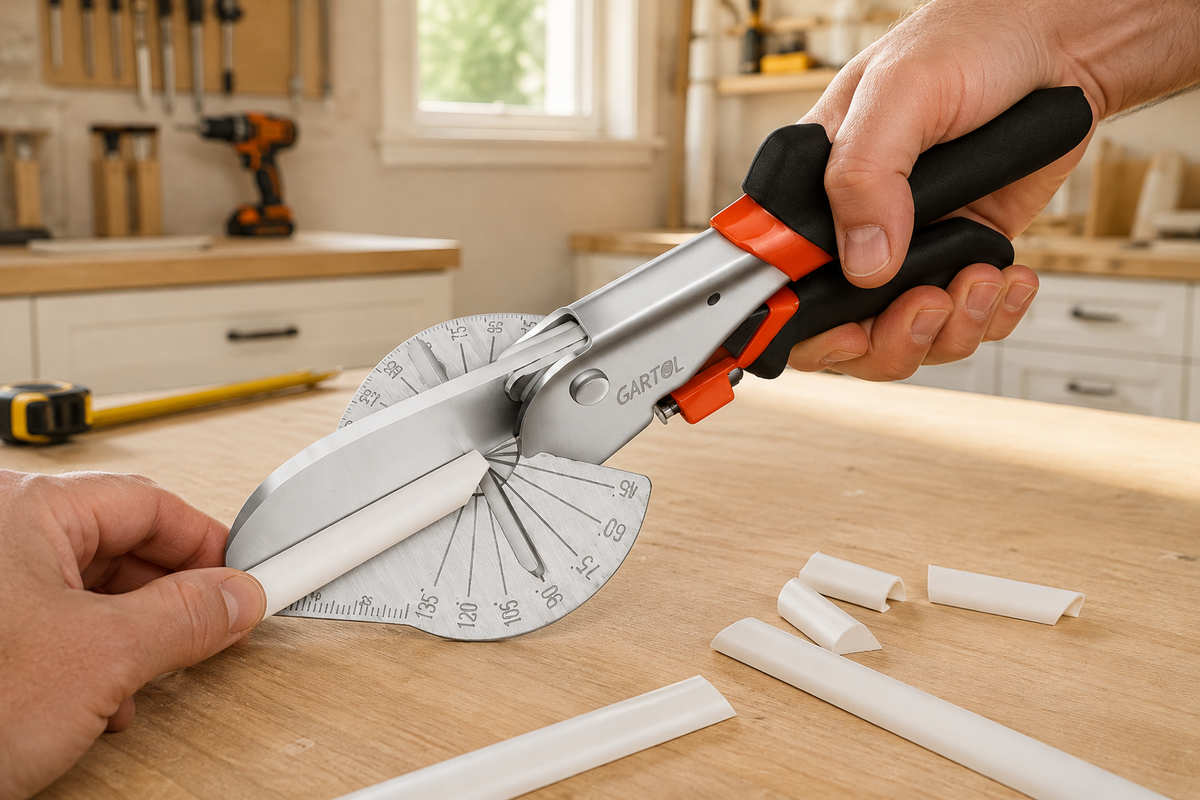 GARTOL adjustable miter shears cutting white PVC trim at a precise angle