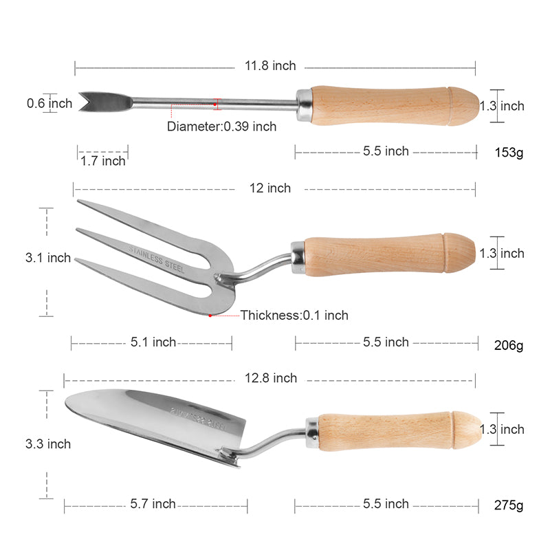 GARTOL 3-Piece Garden Hand Tool Set – Stainless Steel Weeder, Fork & Transplant Trowel with Ergonomic Wooden Handle