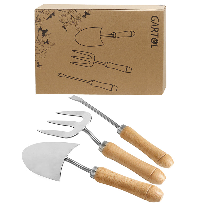 GARTOL 3-Piece Garden Hand Tool Set – Stainless Steel Weeder, Fork & Transplant Trowel with Ergonomic Wooden Handle