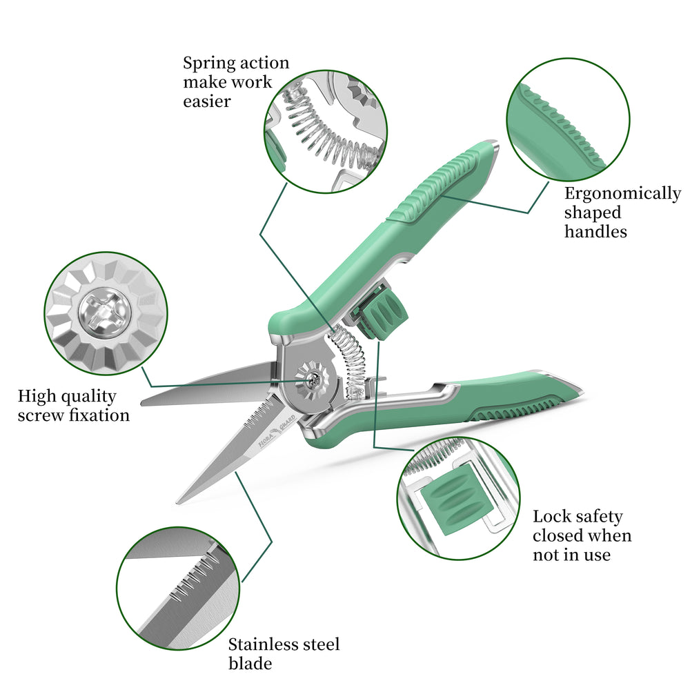 GARTOL pruning shears with ergonomic non-slip handles and shock-absorbing spring system for comfortable and fatigue-free gardening.