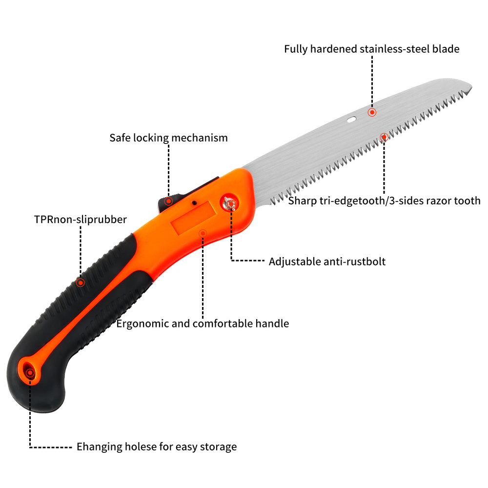 GARTOL 7.7" Folding Saw with Triple-Cut Razor Teeth Hand Saw（Orange）