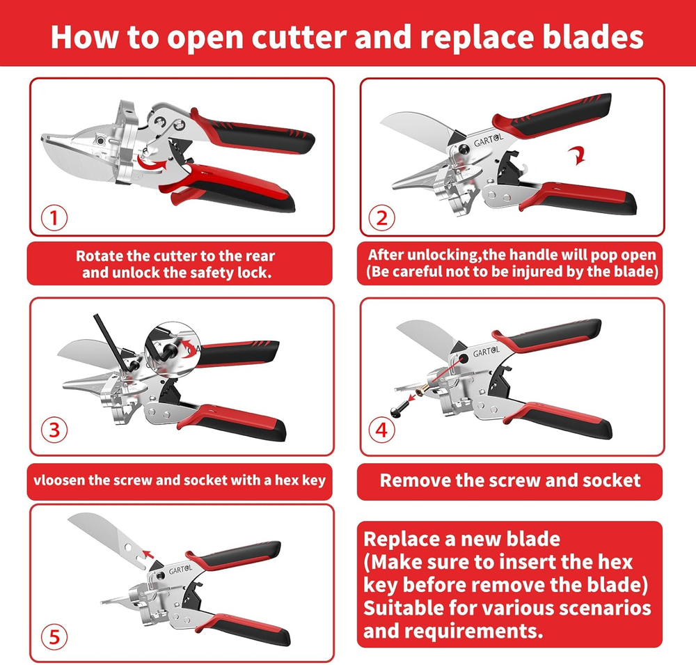 GARTOL Ratchet Miter Shears - 22.5°-135° Adjustable Angle Cutter with 5 Interchangeable Anvils