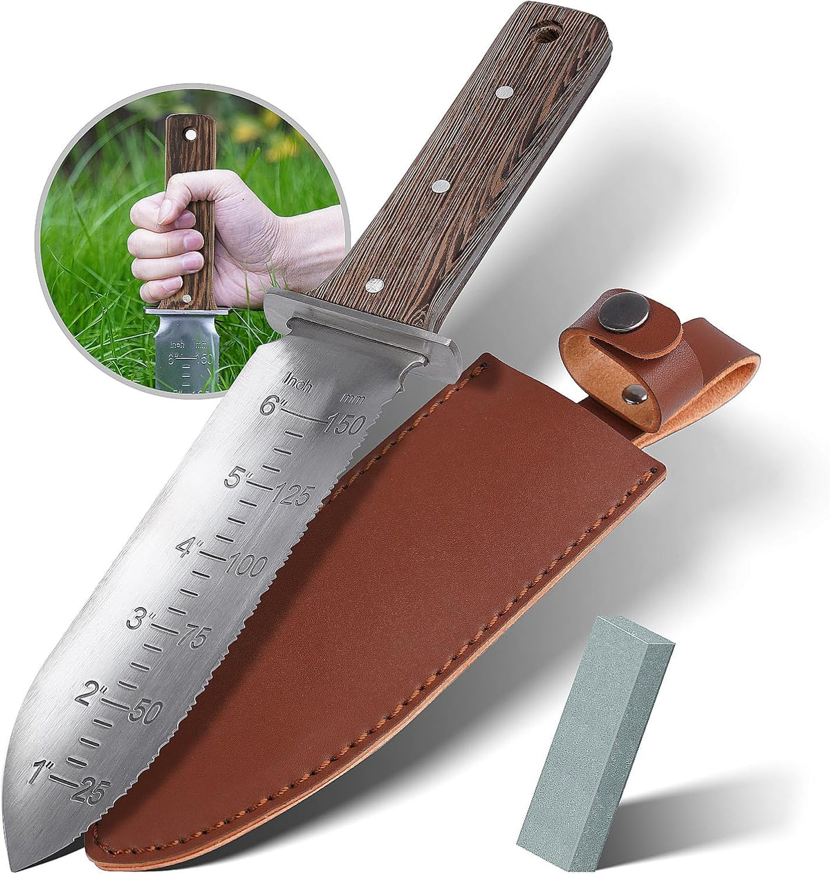 GARTOL Hori Hori Garden Knife with Leather Sheath & Sharpening Stone – Heavy Duty Stainless Steel