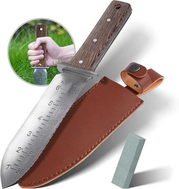 GARTOL Hori Hori Garden Knife with Leather Sheath & Sharpening Stone – Heavy Duty Stainless Steel