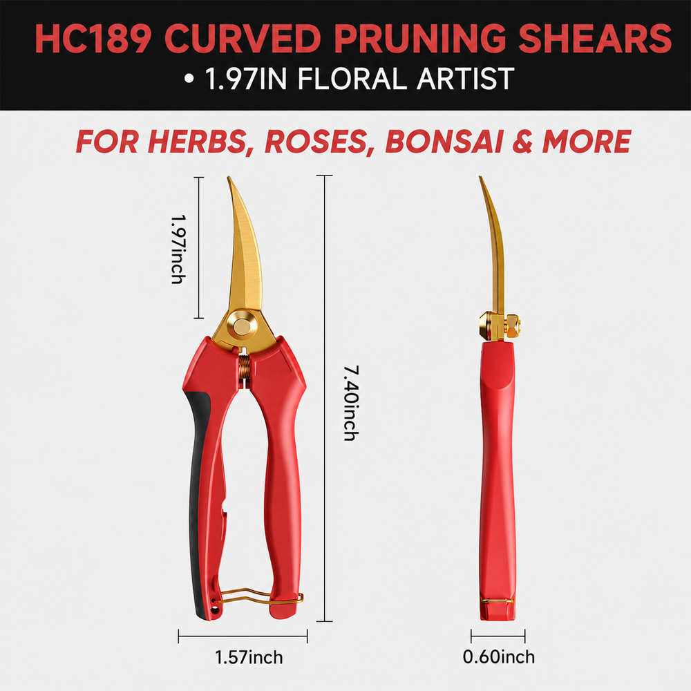 GARTOL HC189 Curved Pruning Shears, 5CM Titanium-Coated Precision Garden Scissors for Herbs, Roses, Bonsai & Indoor Plants