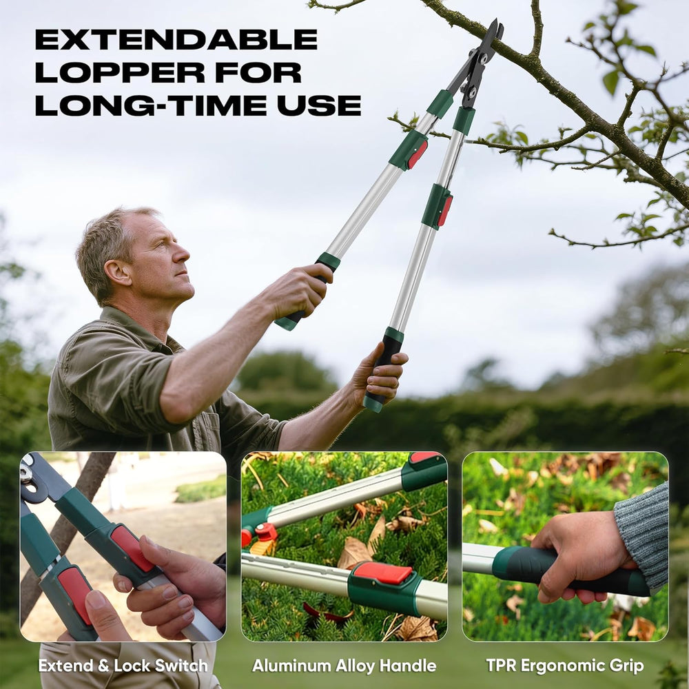 GARTOL extendable loppers details: extend & lock switch, aluminum handle, TPR grip