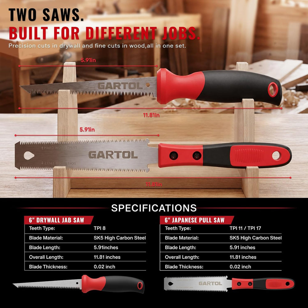 GARTOL 2-Piece 6-Inch Hand Saw Set - Drywall Jab Saw & Japanese Pull Saw with Flexible Double Edge (11/17 TPI) - Small Flush Cut Tool Kit for Sheetrock, Wood Trim, PVC & DIY Home Repair