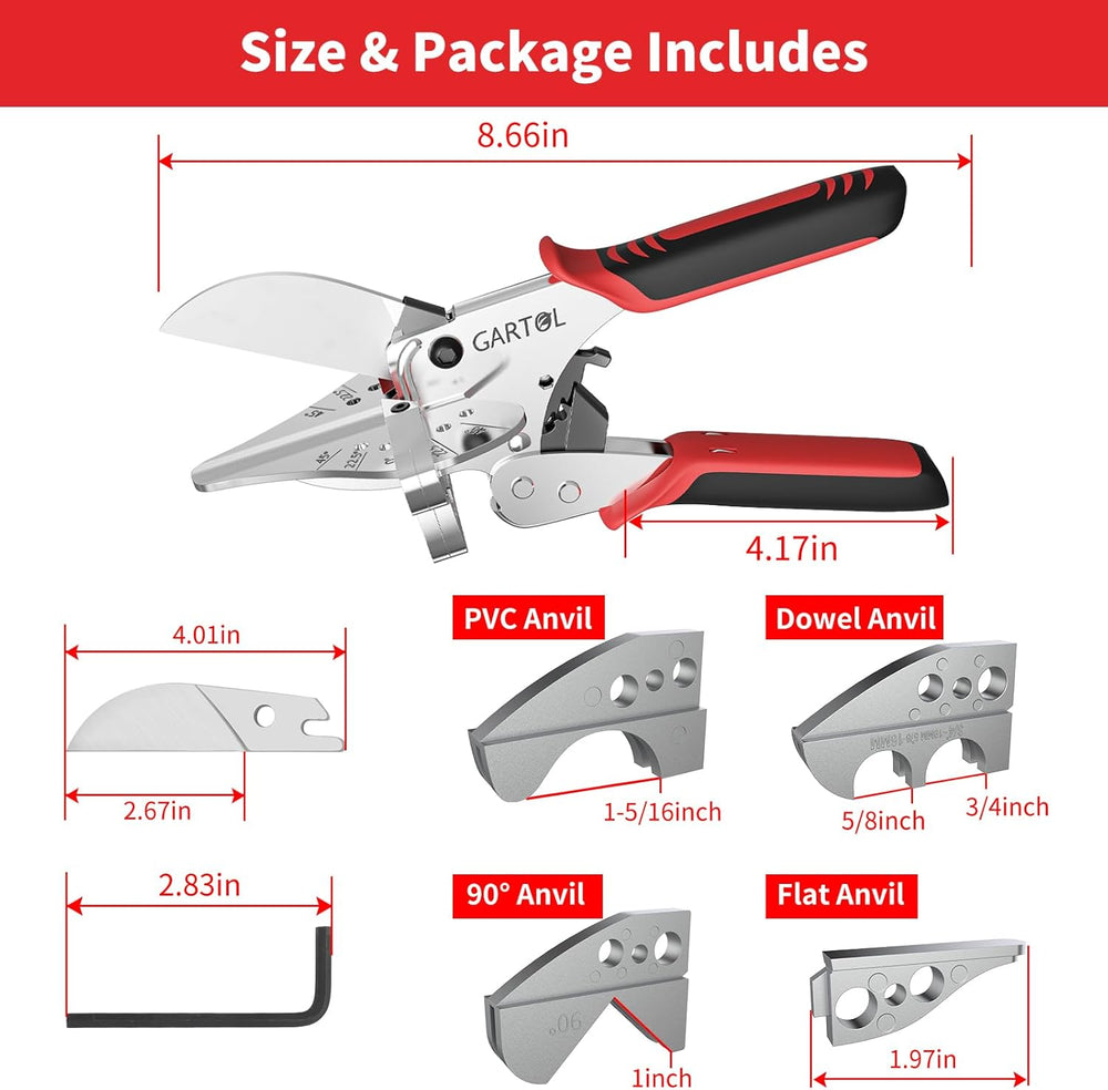 GARTOL Ratchet Miter Shears - 22.5°-135° Adjustable Angle Cutter with 5 Interchangeable Anvils