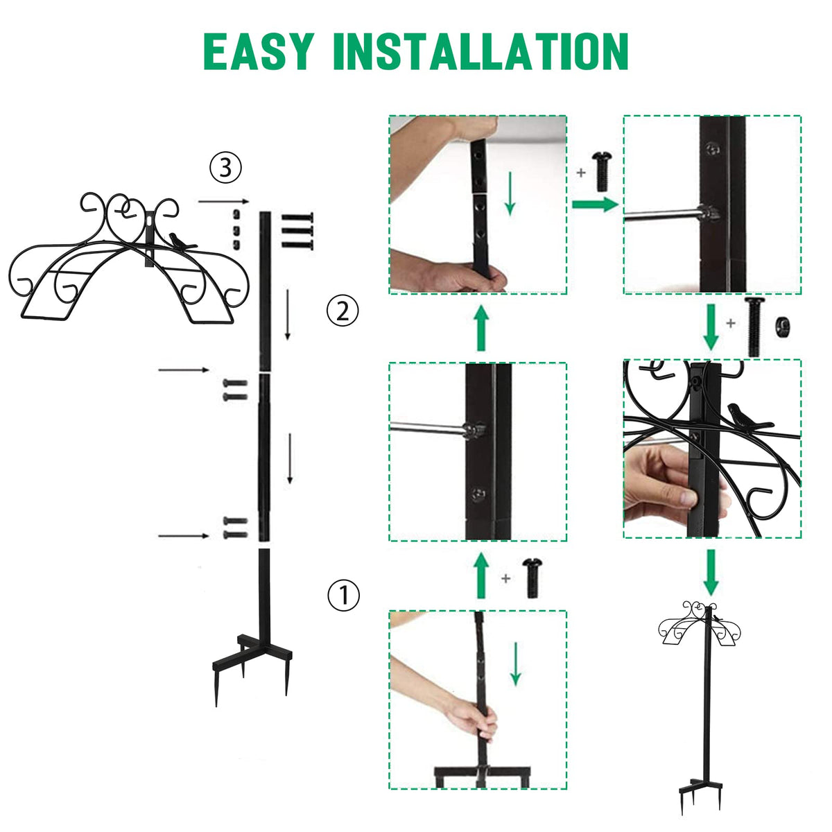 Garden Hose Holder Stand Holds 125Ft Hose Detachable Rustproof Hose Hanger Heavy Duty Metal Decorative Water Hose Storage With Ground Stakes Free Standing For Garden Lawn Yard Outside Black-GARTOL