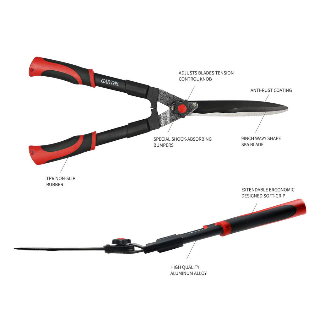 GARTOL hedge shears with labeled features: wavy blade, tension knob, ergonomic handle
