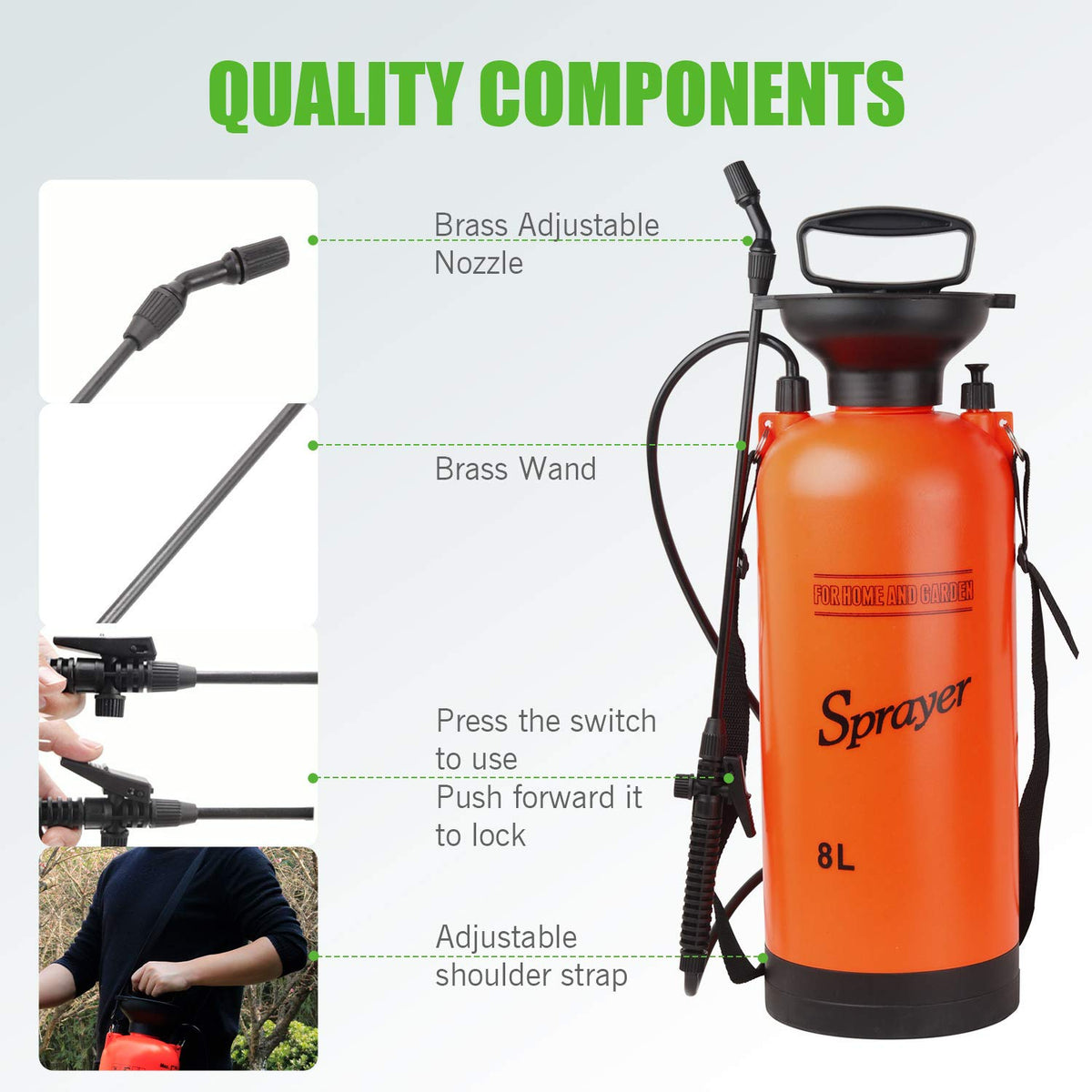Garden Sprayer 2 Gallon Lawn Pressure Pump Sprayer with Adjustable Cone Nozzles and Portable Shoulder Strap-GARTOL