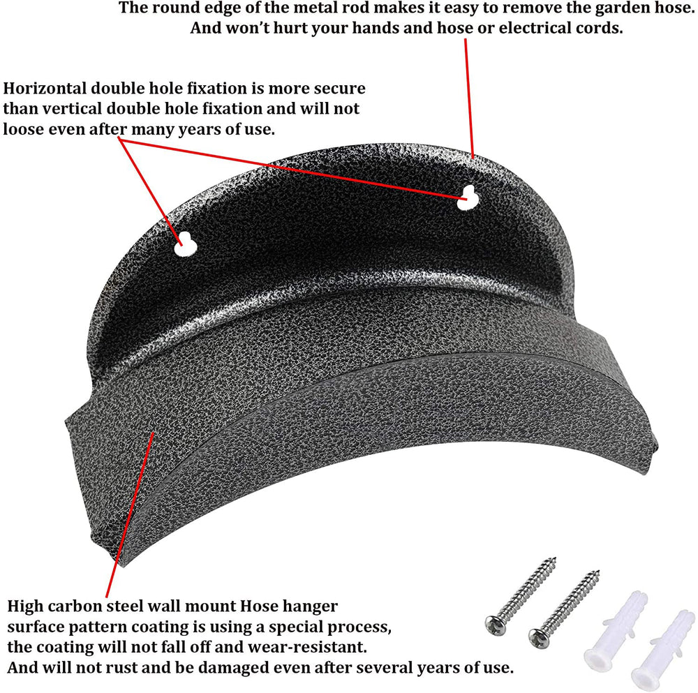 GARTOL garden hose holder labeled features: high carbon steel, double-hole mount, rounded edge